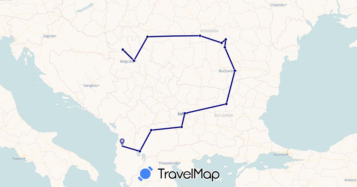 TravelMap itinerary: driving in Albania, Bulgaria, Macedonia, Romania, Serbia (Europe)