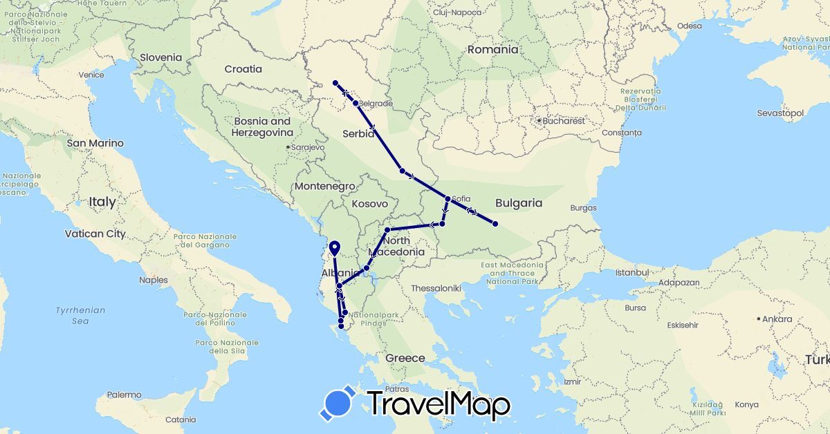 TravelMap itinerary: driving in Albania, Bulgaria, Macedonia, Serbia (Europe)